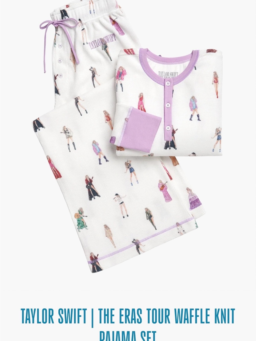 Taylor Swift White Waffle-Knit Pajama Set with Lilac Trim